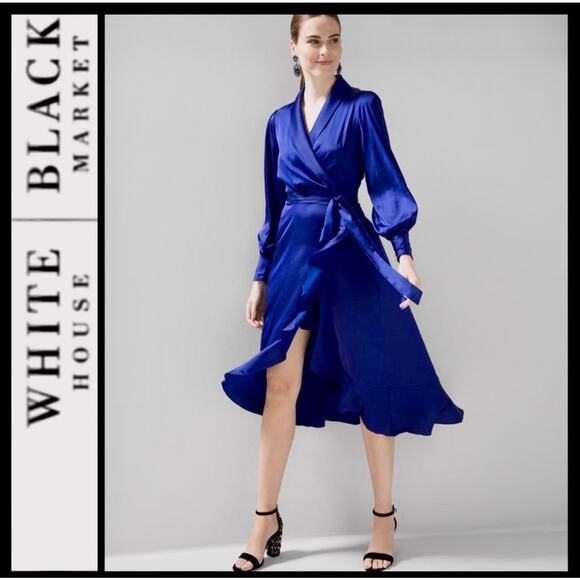 White House Black Market Dresses & Skirts - WHBM Long Sleeve Satin Ruffle Wrap Dress – Indigo – Size 6 – NWT